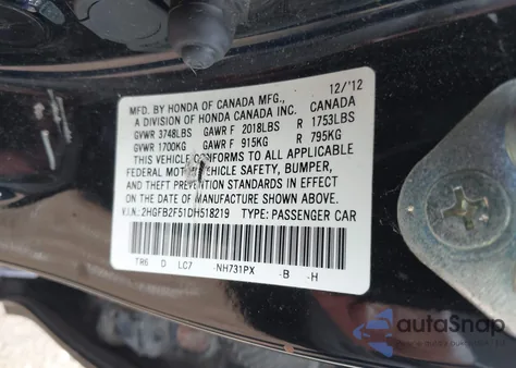 2013 Honda Civic Lx z USA, uszkodzony, nr VIN 2HGFB2F51DH518219